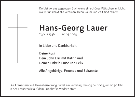 Todesanzeige von Hans-Georg Lauer von saarbruecker_zeitung