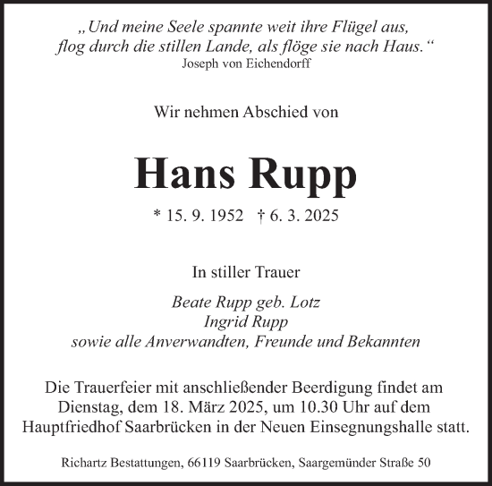 Todesanzeige von Hans Rupp von saarbruecker_zeitung