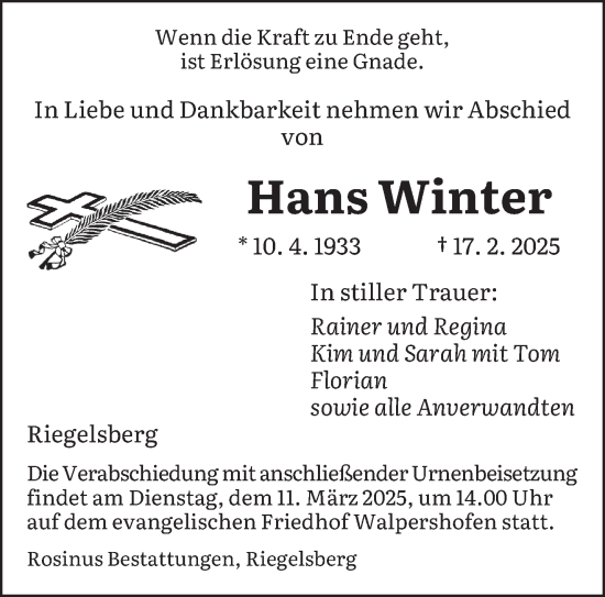 Todesanzeige von Hans Winter von saarbruecker_zeitung