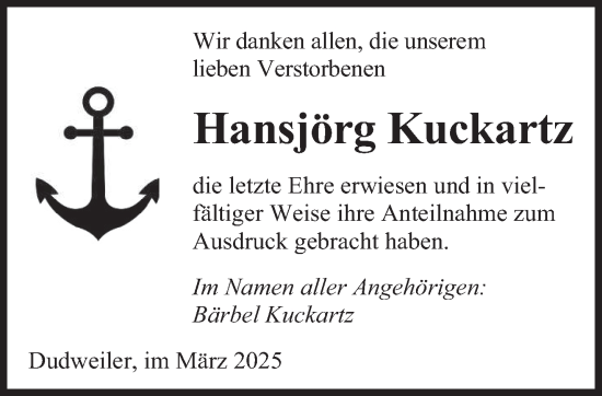 Todesanzeige von Hansjörg Kuckartz von saarbruecker_zeitung