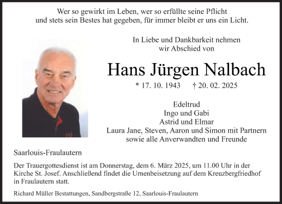 Todesanzeige von Hans Jürgen Nalbach von saarbruecker_zeitung