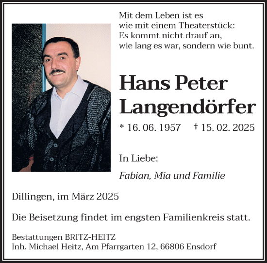 Todesanzeige von Hans Peter Langendörfer von saarbruecker_zeitung
