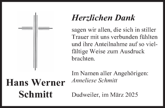 Todesanzeige von Hans Werner Schmitt von saarbruecker_zeitung