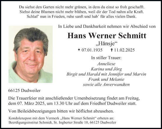 Todesanzeige von Hans Werner Schmitt von saarbruecker_zeitung