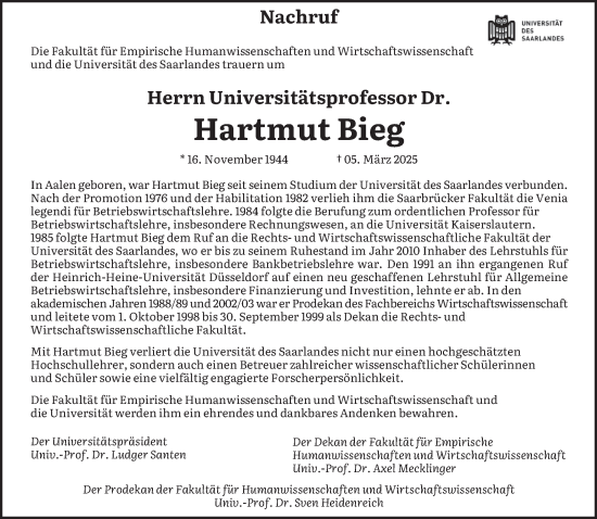 Todesanzeige von Hartmut Bieg von saarbruecker_zeitung