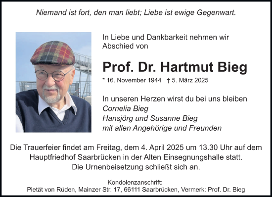 Todesanzeige von Hartmut Bieg von saarbruecker_zeitung