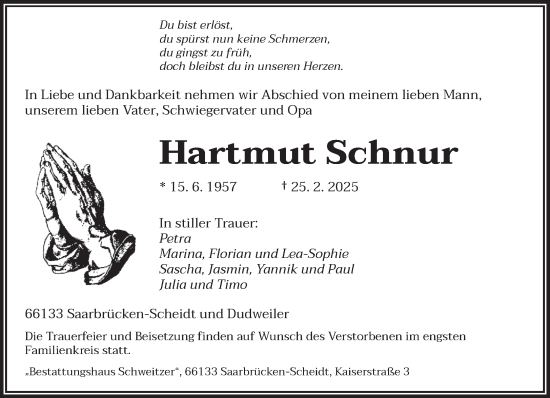 Todesanzeige von Hartmut Schnur von saarbruecker_zeitung