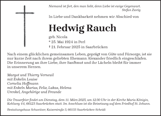 Todesanzeige von Hedwig Rauch von saarbruecker_zeitung