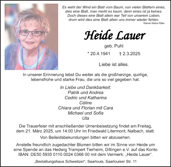 Todesanzeige von Heide Lauer von saarbruecker_zeitung