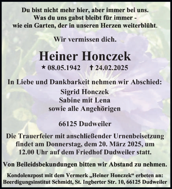 Todesanzeige von Heiner Honczek von saarbruecker_zeitung