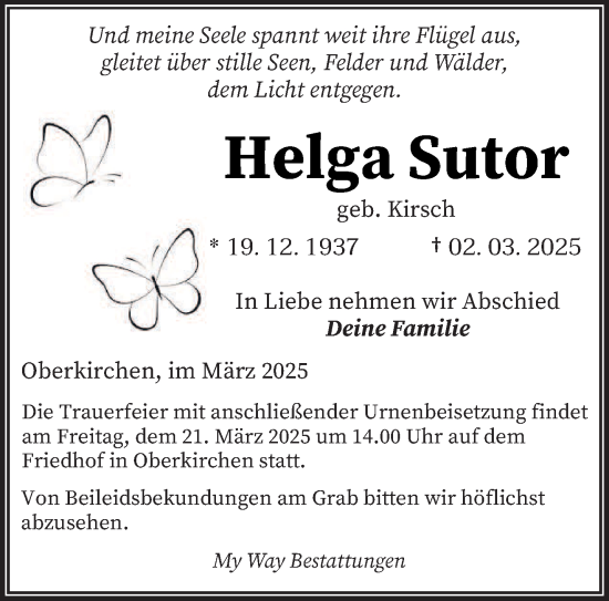 Todesanzeige von Helga Sutor von saarbruecker_zeitung