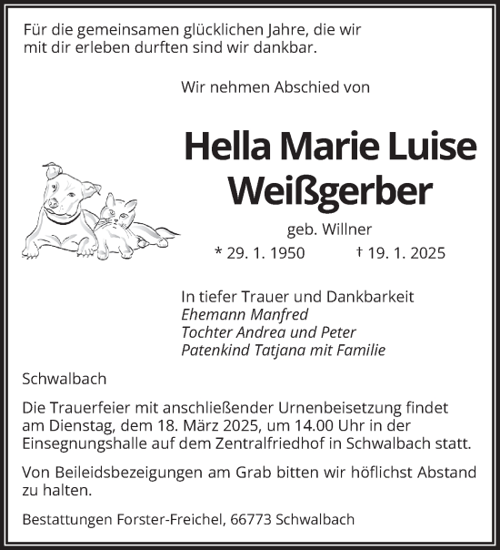Todesanzeige von Hella  Weißgerber von saarbruecker_zeitung