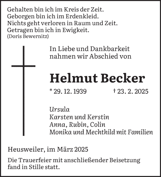 Todesanzeige von Helmut Becker von saarbruecker_zeitung
