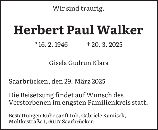 Todesanzeige von Herbert Paul Walker von saarbruecker_zeitung