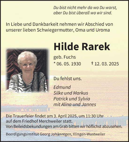 Todesanzeige von Hilde Rarek von saarbruecker_zeitung