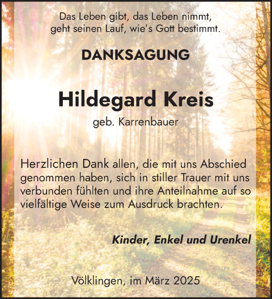 Todesanzeige von Hildegard Kreis von saarbruecker_zeitung