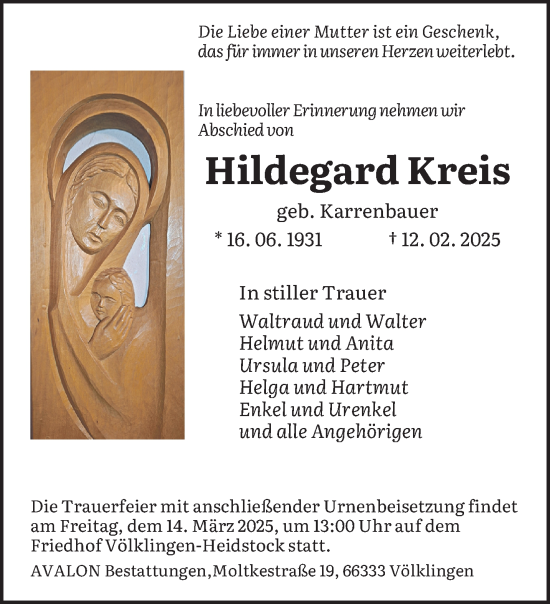 Todesanzeige von Hildegard Kreis von saarbruecker_zeitung