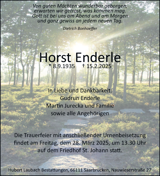 Todesanzeige von Horst Enderle von saarbruecker_zeitung