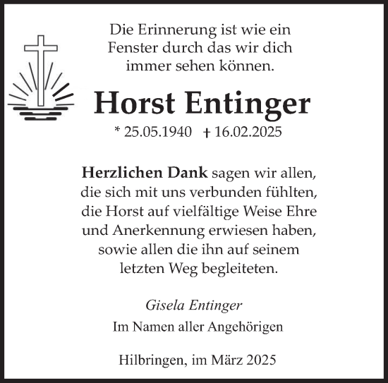 Todesanzeige von Horst Entinger von saarbruecker_zeitung