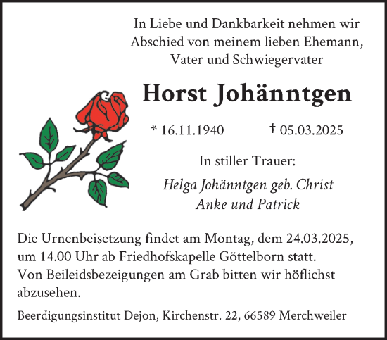 Todesanzeige von Horst Johänntgen von saarbruecker_zeitung