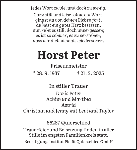 Todesanzeige von Horst Peter von saarbruecker_zeitung