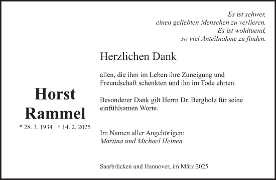 Todesanzeige von Horst Rammel von saarbruecker_zeitung