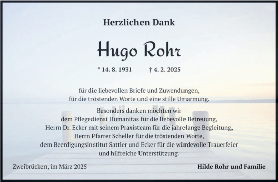 Todesanzeige von Hugo Rohr von saarbruecker_zeitung