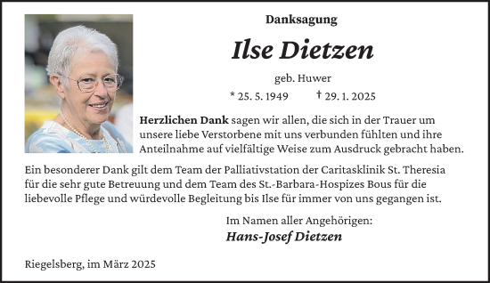 Todesanzeige von Ilse Dietzen von saarbruecker_zeitung