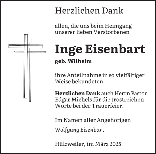 Todesanzeige von Inge Eisenbart von saarbruecker_zeitung