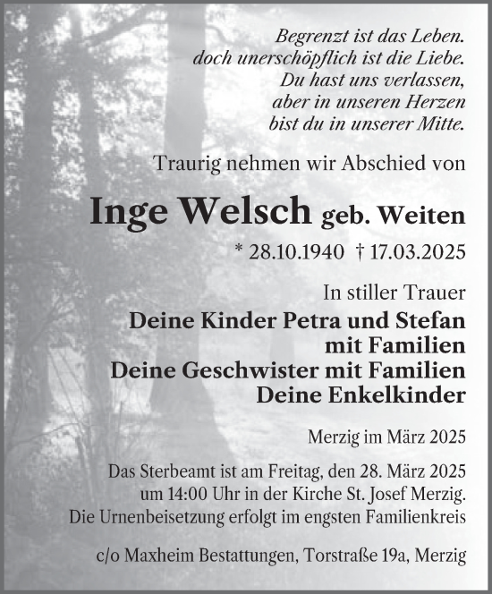 Todesanzeige von Inge Welsch von saarbruecker_zeitung