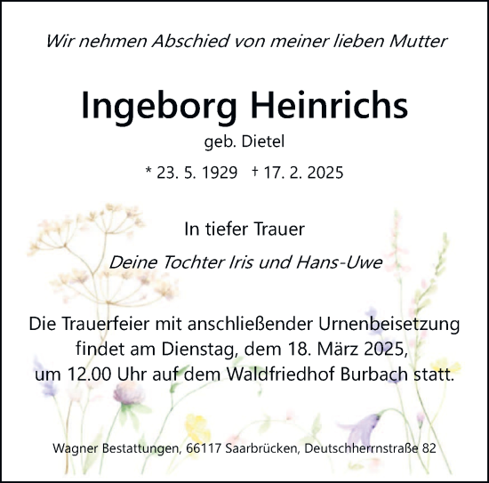 Todesanzeige von Ingeborg Heinrichs von saarbruecker_zeitung