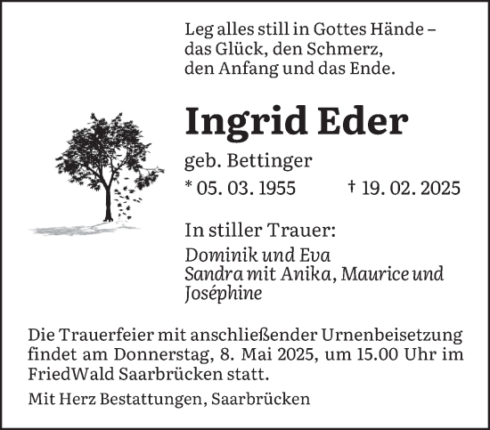 Todesanzeige von Ingrid Eder von saarbruecker_zeitung