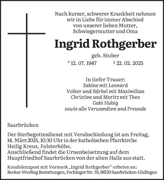 Todesanzeige von Ingrid Rothgerber von saarbruecker_zeitung