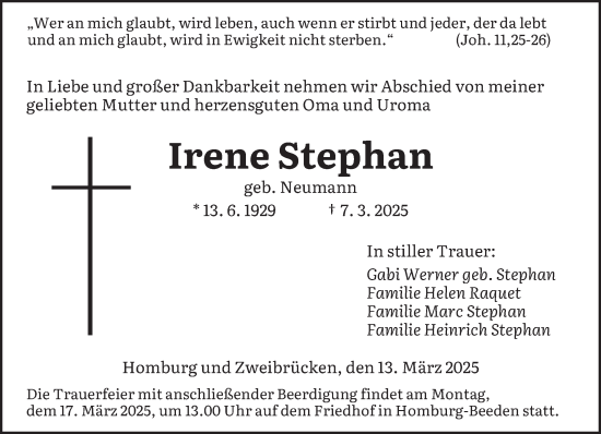 Todesanzeige von Irene Stephan von saarbruecker_zeitung
