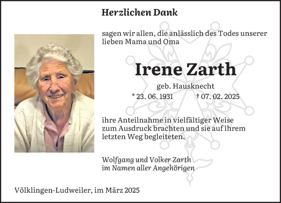 Todesanzeige von Irene Zarth von saarbruecker_zeitung