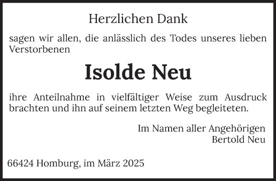 Todesanzeige von Isolde Neu von saarbruecker_zeitung