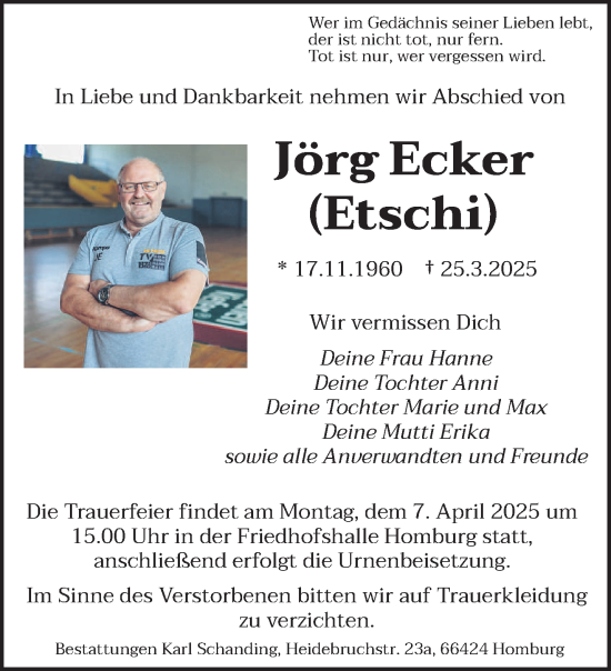 Todesanzeige von Jörg Ecker von saarbruecker_zeitung