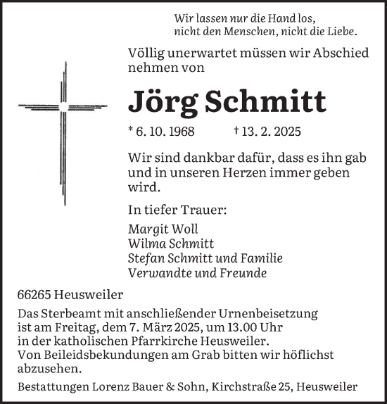 Todesanzeige von Jörg Schmitt von saarbruecker_zeitung