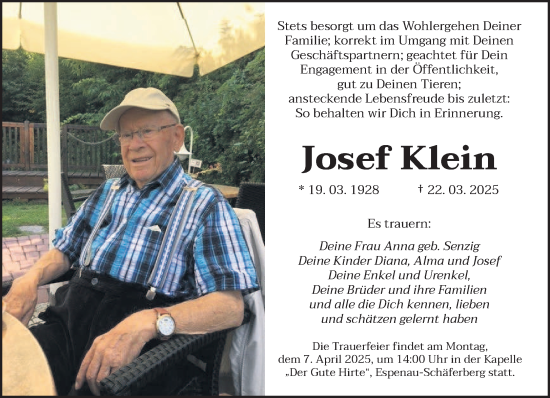 Todesanzeige von Josef Klein von saarbruecker_zeitung