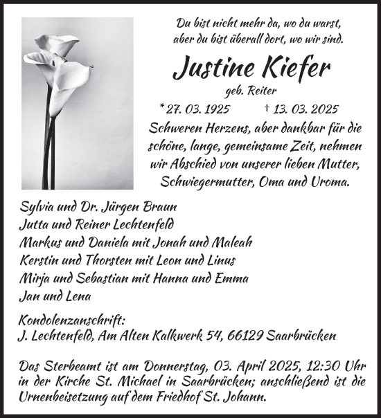 Todesanzeige von Justine Kiefer von saarbruecker_zeitung