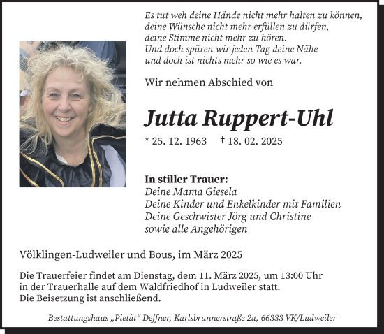 Todesanzeige von Jutta Ruppert-Uhl von saarbruecker_zeitung