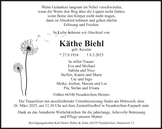 Todesanzeige von Käthe Biehl von saarbruecker_zeitung
