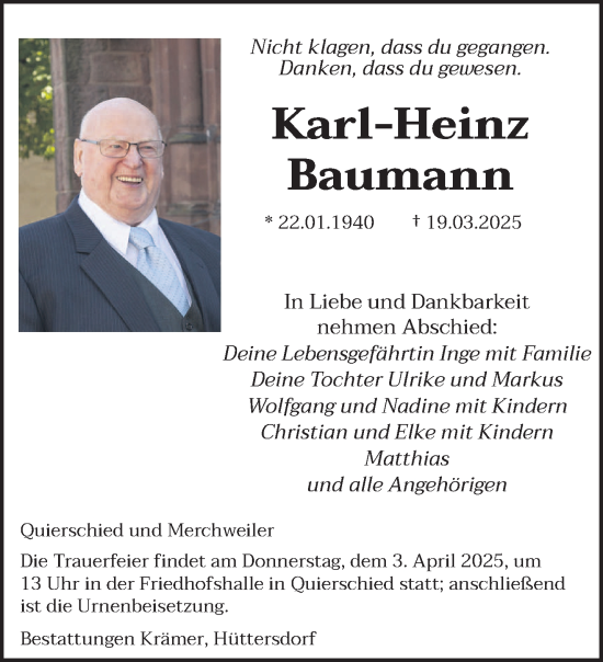 Todesanzeige von Karl-Heinz Baumann von saarbruecker_zeitung