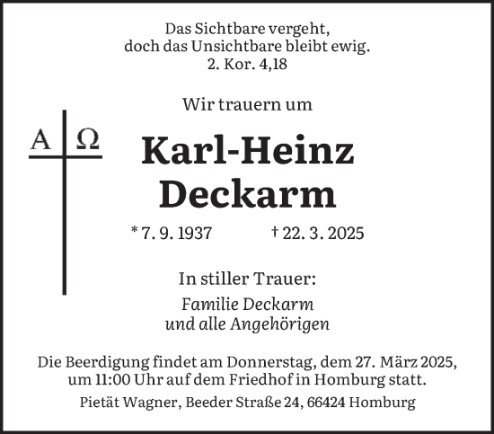 Todesanzeige von Karl-Heinz Deckarm von saarbruecker_zeitung