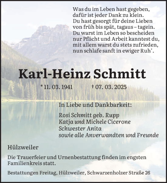 Todesanzeige von Karl-Heinz Schmitt von saarbruecker_zeitung