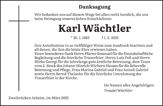Todesanzeige von Karl Wächtler von saarbruecker_zeitung
