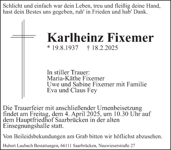 Todesanzeige von Karlheinz Fixemer von saarbruecker_zeitung