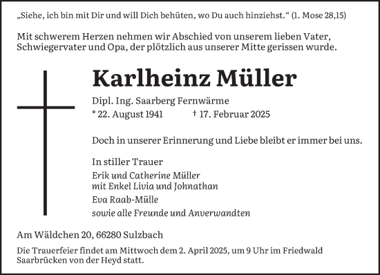 Todesanzeige von Karlheinz Müller von saarbruecker_zeitung