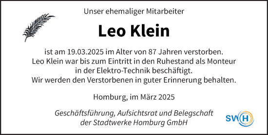 Todesanzeige von Leo Klein von saarbruecker_zeitung