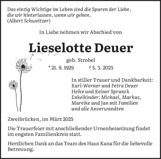 Todesanzeige von Lieselotte Deuer von saarbruecker_zeitung
